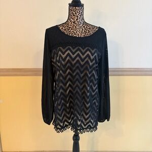 SARA CAMPBELL Women Black Sheer Chevron Lace Trim Long Sleeve Top XL Made in USA